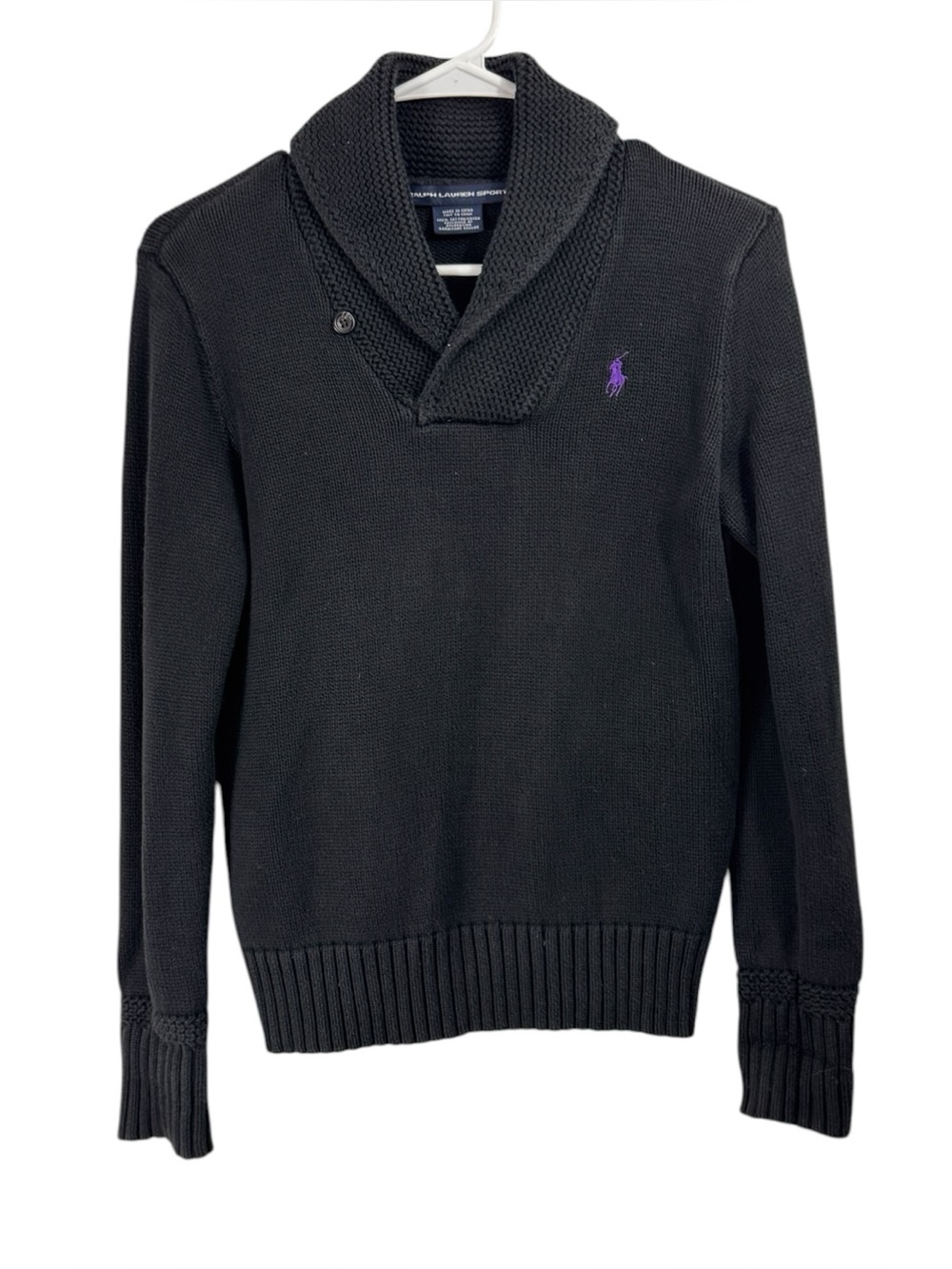 Ralph Lauren Sport Sz M Black Shawl Collar Knit Cotton Sweater Purple Pony Logo